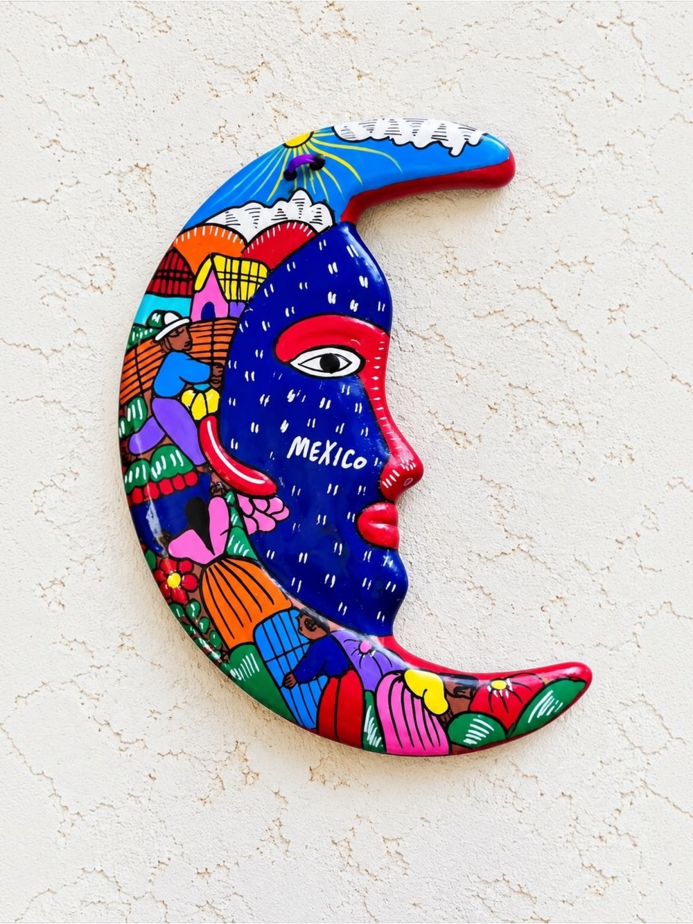 Mexican Folk Art Hand-Painted Terracotta Crescent Moon Face Wall Pottery 8.5”